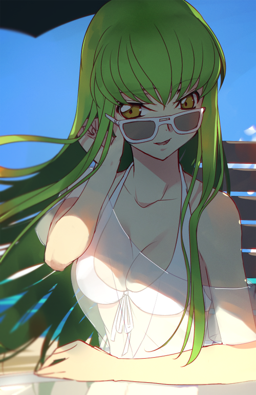 1girl arm_support bangs bare_shoulders bikini breasts c.c. clouds code_geass collarbone creayus eyebrows_visible_through_hair floating_hair green_hair halterneck head_tilt long_hair looking_at_viewer parted_lips sitting sky sunglasses swimsuit table upper_body white_bikini yellow_eyes