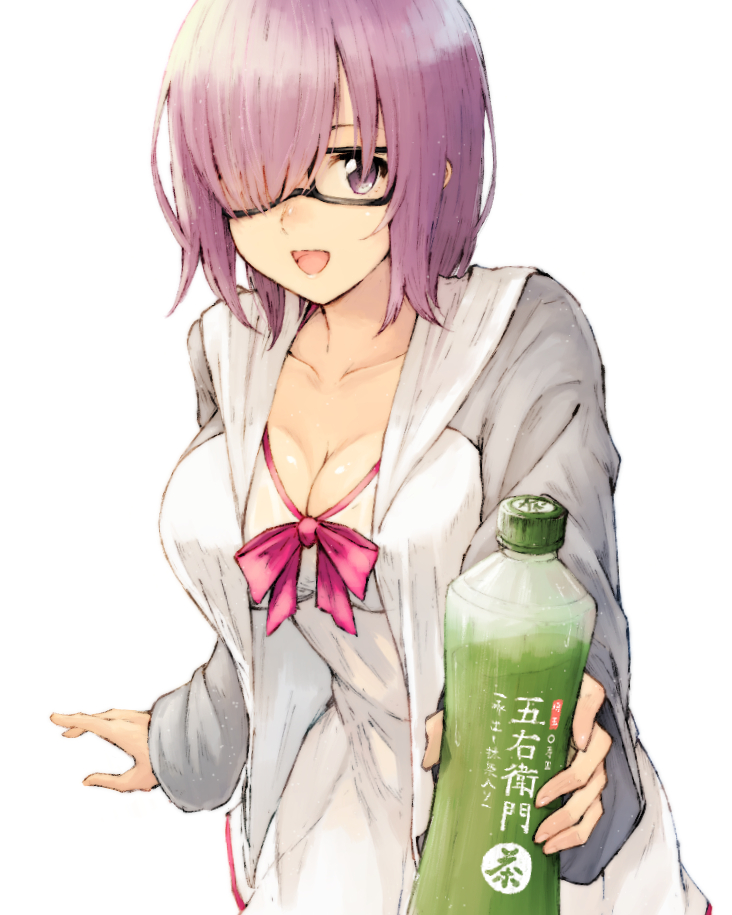 black-framed_eyewear bottle breasts cleavage cowboy_shot fate/grand_order fate_(series) green_tea holding holding_bottle hood hoodie koretsuki_azuma large_breasts leaning_forward open_clothes open_hoodie open_mouth purple_hair shielder_(fate/grand_order) smile tea violet_eyes