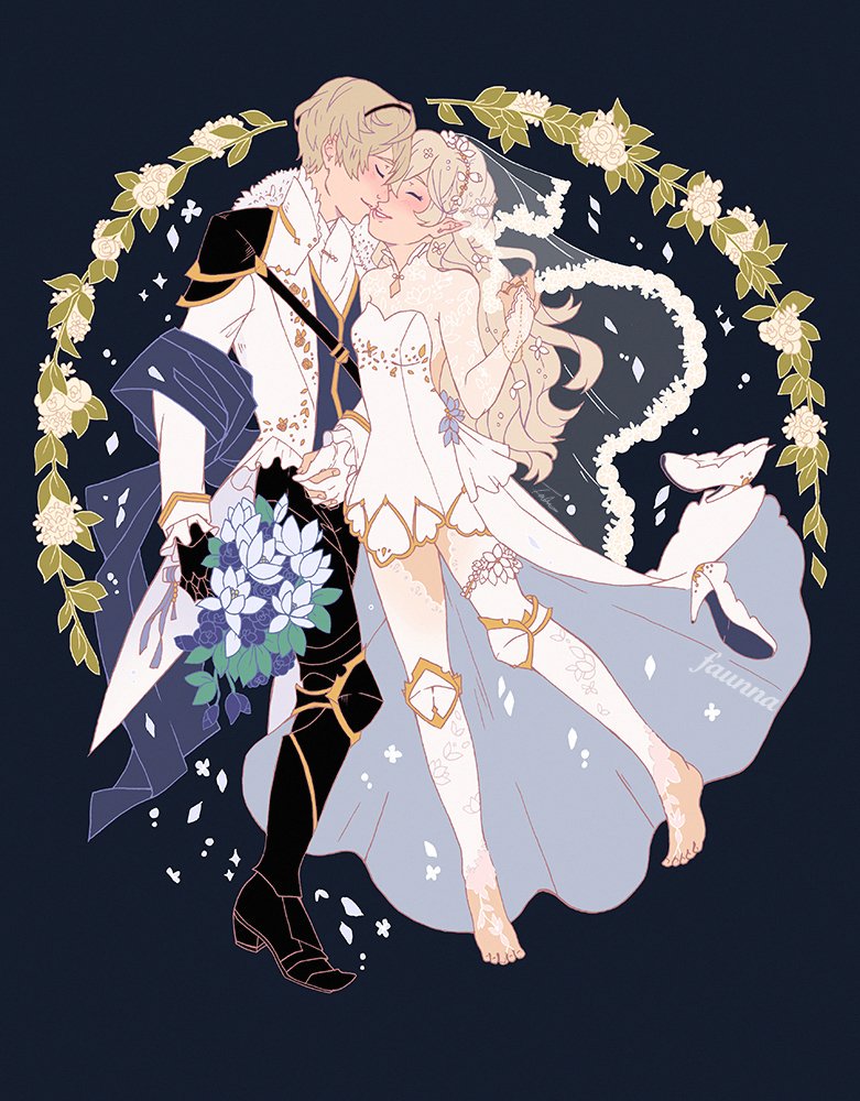 1boy 1girl barefoot black_background bridal_veil closed_eyes dress female_my_unit_(fire_emblem_if) fire_emblem fire_emblem_if greaves hetero kiss leon_(fire_emblem_if) my_unit_(fire_emblem_if) smile thigh-highs veil wedding_dress