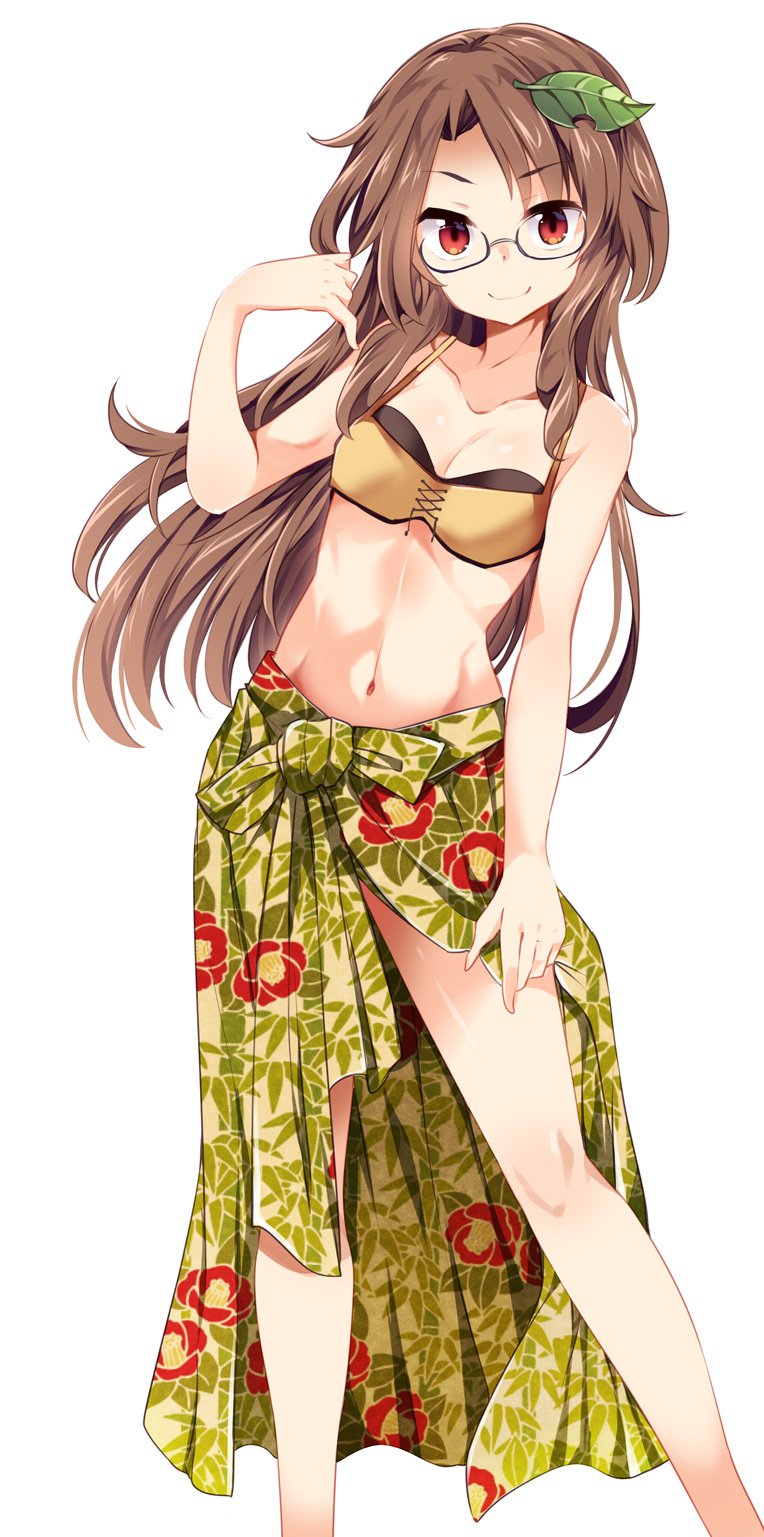 1girl bare_arms bare_legs bikini breasts brown_bikini brown_hair cleavage collarbone contrapposto floral_print futatsuiwa_mamizou glasses hair_ornament highres leaf leaf_hair_ornament leaf_on_head long_hair looking_at_viewer maturiuta_sorato navel red_eyes sarong simple_background small_breasts smile solo standing stomach swimsuit touhou white_background