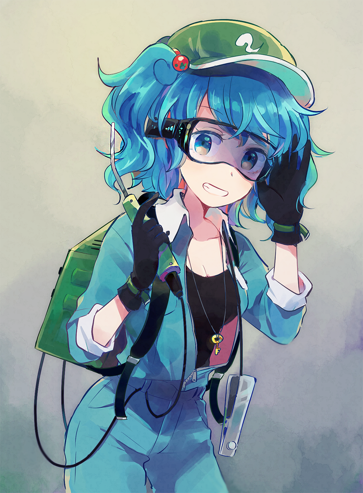 1girl adapted_costume blue_eyes blue_hair gloves goggles grin hat kawashiro_nitori key_necklace looking_at_viewer mozukuzu_(manukedori) short_hair smile solo teeth touhou twintails