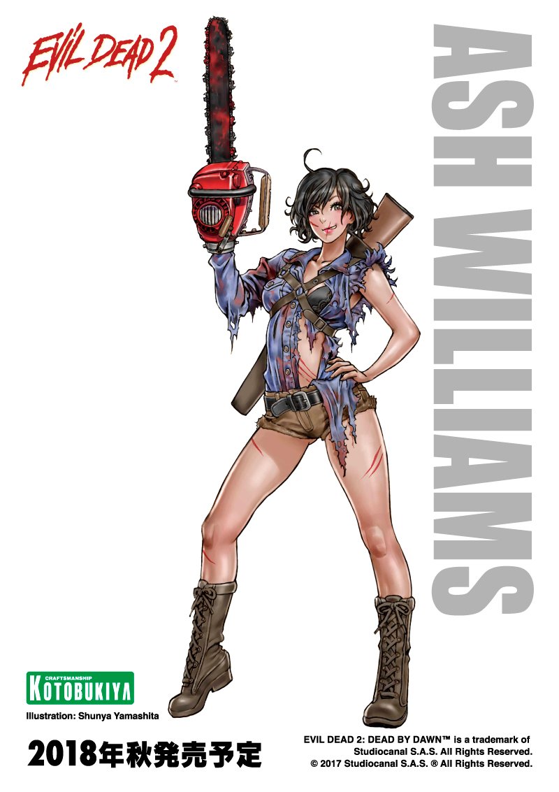 1girl ahoge ashley_j_williams belt black_bra black_eyes black_hair blush boots bra breasts chainsaw character_name commentary_request copyright_name cross-laced_footwear curly_hair evil_dead female full_body genderswap genderswap_(mtf) gun hand_on_hip lace-up_boots looking_at_viewer scratches short_hair short_shorts shorts shotgun smirk solo standing torn_clothes translation_request underwear weapon weapon_on_back white_background yamashita_shun'ya