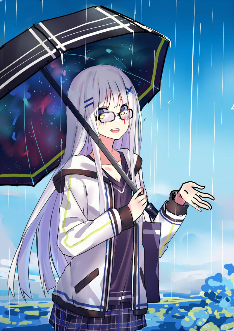 1girl bag bangs black_skirt day echj girls_frontline hair_ornament hairclip hands_up hk416_(girls_frontline) holding holding_umbrella hood hoodie long_hair looking_at_viewer open_clothes open_hoodie open_mouth outdoors plaid plaid_skirt pleated_skirt rain shoulder_bag skirt smile solo teardrop teeth tote_bag umbrella white_hair x_hair_ornament