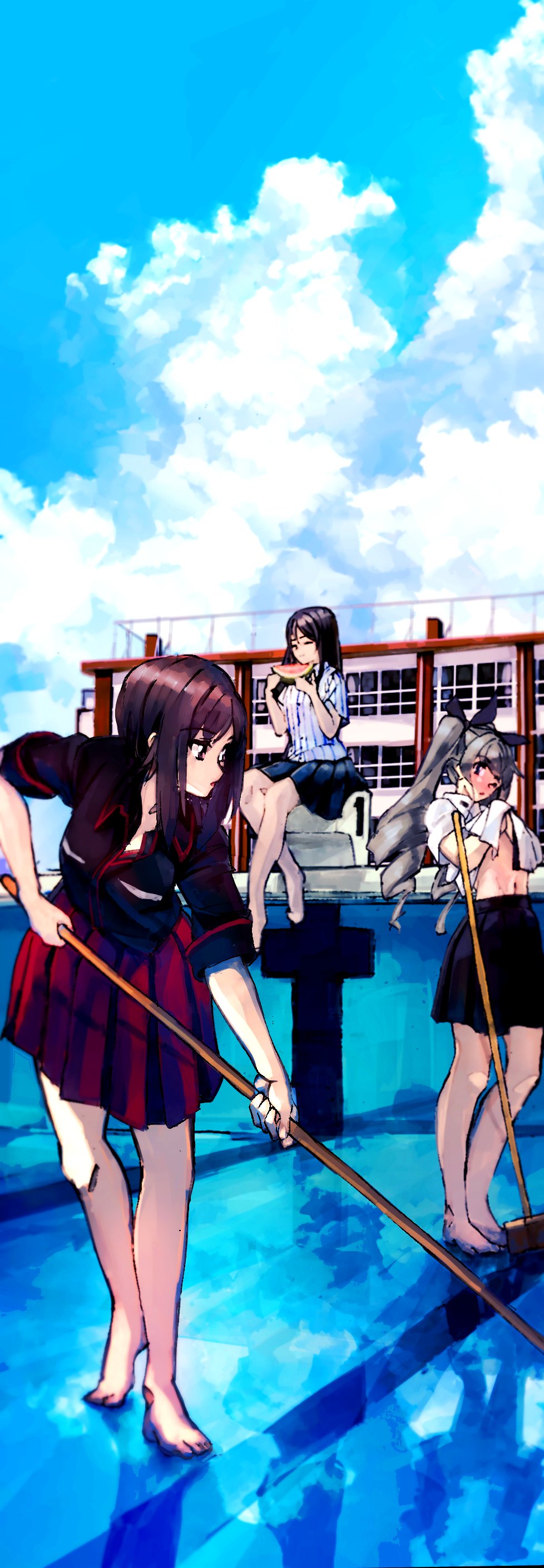 3girls absurdres anchovy anzio_school_uniform bare_legs barefoot black_hair broom brown_eyes brown_hair clothes_lift clouds commentary_request day drill_hair eating food fruit full_body girls_und_panzer grey_hair highres holding holding_broom keizoku_school_uniform kuromorimine_military_uniform long_hair looking_at_another mika_(girls_und_panzer) mizutamari_mari multiple_girls navel nishizumi_maho one_eye_closed outdoors pool school short_sleeves sitting skirt sky standing twin_drills watermelon