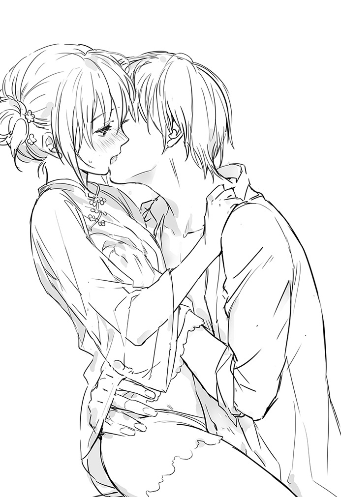 1boy 1girl blush breast_grab chinese_clothes couple french_kiss gintama grabbing groping hetero hug kagura_(gintama) kiss loli_bushi navel okita_sougo panties short_hair sketch sweatdrop underwear