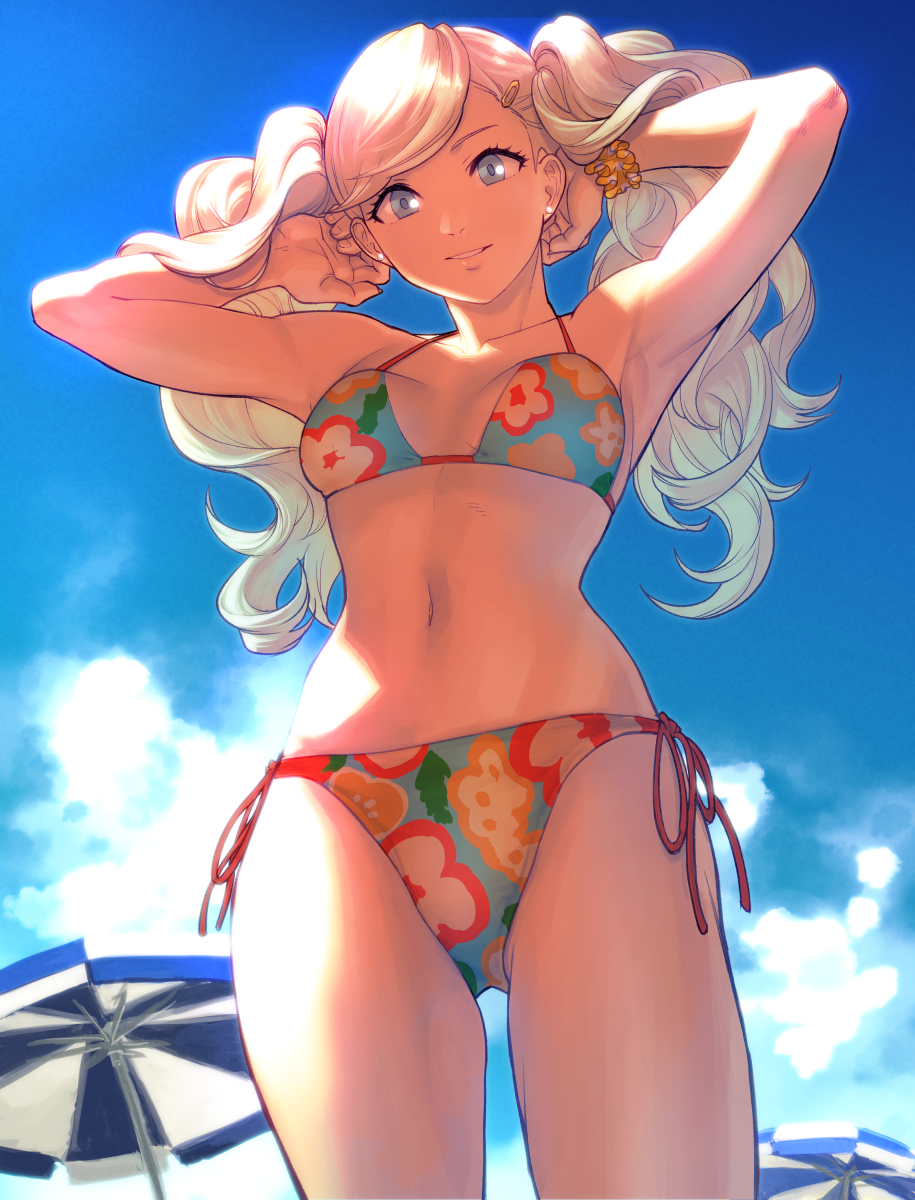 1girl armpits atlus bangs beach_umbrella bikini blonde_hair blue_eyes blue_sky breasts clouds cowboy_shot cute earrings floral_print from_below grey_eyes hair_ornament hair_tousle hairclip hands_up highres jewelry long_hair looking_at_viewer looking_down medium_breasts megami_tensei navel nekorin_(nekoforest) outdoors persona persona_5 print_bikini scrunchie side-tie_bikini sky smile solo standing stud_earrings sunlight swept_bangs swimsuit takamaki_anne twintails umbrella wrist_scrunchie