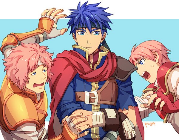 1girl 2boys angry arm_up armor bandage black_headband blue_clothes blue_eyes blue_hair brother_and_sister cape closed_mouth crossed_arms eye_contact fingerless_gloves fire_emblem fire_emblem:_souen_no_kiseki gloves hair_between_eyes headband ike knight light_blue_background looking_at_another makalov marcia matching_hair/eyes multiple_boys nervous nintendo open_mouth orange_armor pauldrons pegasus_knight pink_hair red_armor red_cape red_gloves red_tiara round_teeth sandwiched scared serious shouting siblings sweat teeth tiara upper_body white_headband