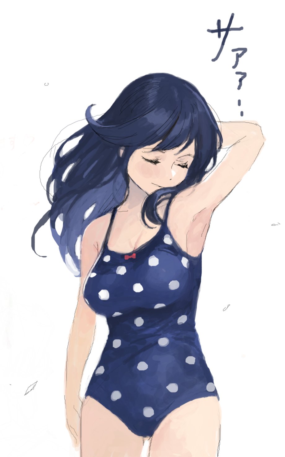 1girl arm_up armpits black_hair blush breasts cleavage closed_eyes cowboy_shot highres kantai_collection large_breasts one-piece_swimsuit polka_dot shinpu_(oresinpu) solo swimsuit ushio_(kantai_collection) white_background