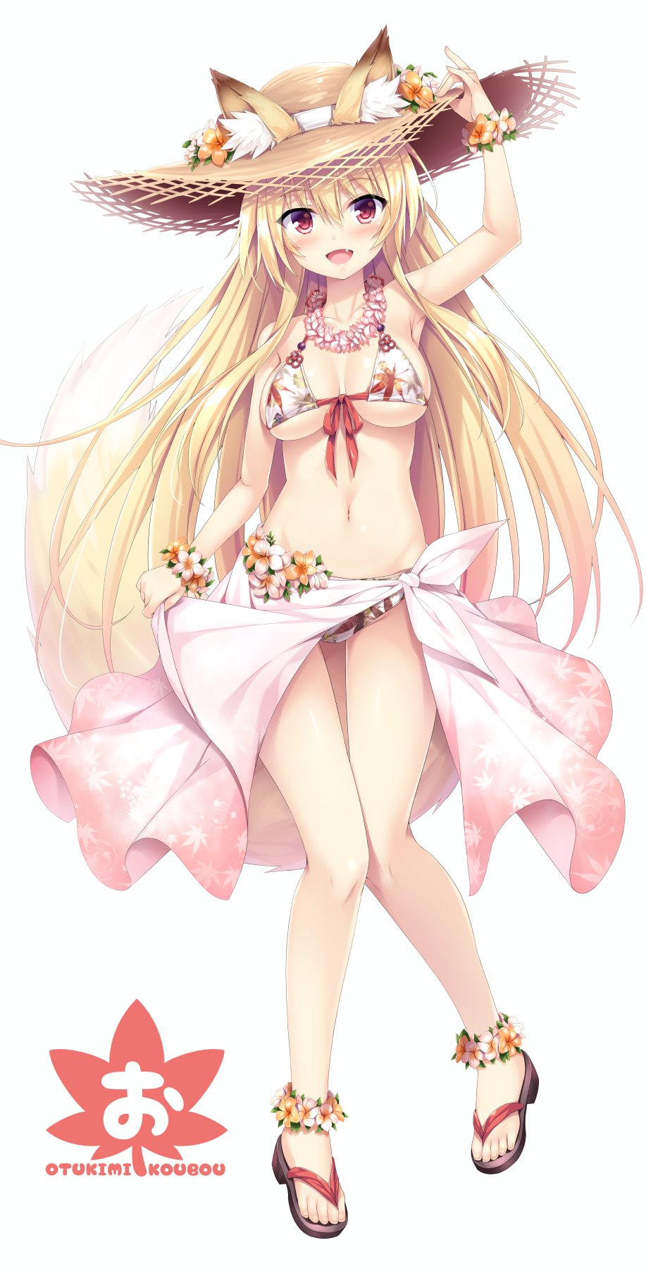 1girl :d akizora_momidi ankle_flower arm_up armpits bare_shoulders barefoot_sandals bikini blonde_hair blush breasts breasts_apart circle_name commentary_request ears_through_headwear eyebrows_visible_through_hair fang flower fox_tail hand_on_headwear hat hat_flower highres knees_together_feet_apart kokutou_(kazuakifca) leaf_print long_hair maple_leaf_print medium_breasts navel open_mouth original print_bikini red_eyes sandals sarong simple_background smile solo straw_hat sun_hat swimsuit tail thigh_gap very_long_hair white_background wrist_flower