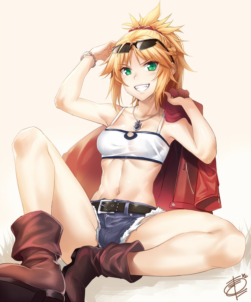 1girl belt blonde_hair boots braid breasts brown_boots cropped_jacket cutoffs denim denim_shorts fate/apocrypha fate_(series) green_eyes grin jacket jewelry looking_at_viewer medium_breasts navel okitakung pendant ponytail red_jacket saber_of_red short_shorts shorts sitting smile solo sunglasses sunglasses_on_head teeth