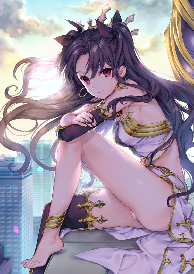 1girl anklet asymmetrical_legwear bare_shoulders barefoot black_hair building city commentary_request crown day earrings elbow_gloves fate/grand_order fate_(series) feet gloves hair_ribbon hoop_earrings ishtar_(fate/grand_order) jewelry kaguyuzu long_hair looking_at_viewer outdoors panties pantyshot pantyshot_(sitting) pelvic_curtain ribbon rooftop single_elbow_glove single_thighhigh sitting sky smile solo thigh-highs tohsaka_rin two_side_up underwear violet_eyes white_panties
