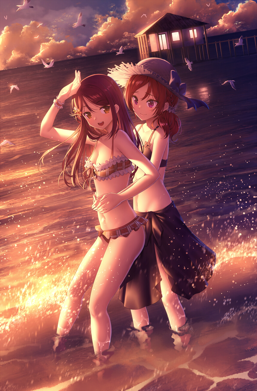 2girls arms_around_waist bare_shoulders beach_house bikini bird brown_eyes clouds flower hair_flower hair_ornament hat highres love_live! love_live!_school_idol_project love_live!_sunshine!! multiple_girls nagareboshi navel nishikino_maki red_eyes redhead sakurauchi_riko skirt sky sunset swimsuit wading water