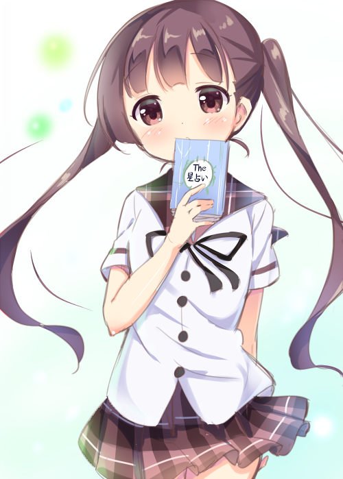 1girl arm_behind_back bangs black_ribbon blouse blunt_bangs blush book breasts brown_eyes brown_hair brown_sailor_collar brown_skirt buttons covered_mouth cowboy_shot extra eyebrows_visible_through_hair gochuumon_wa_usagi_desu_ka? gradient gradient_background holding holding_book kurou_(quadruple_zero) long_hair looking_at_viewer neck_ribbon plaid plaid_sailor_collar plaid_skirt pleated_skirt ribbon sailor_collar school_uniform serafuku skirt small_breasts solo standing twintails two-tone_background very_long_hair white_blouse wind