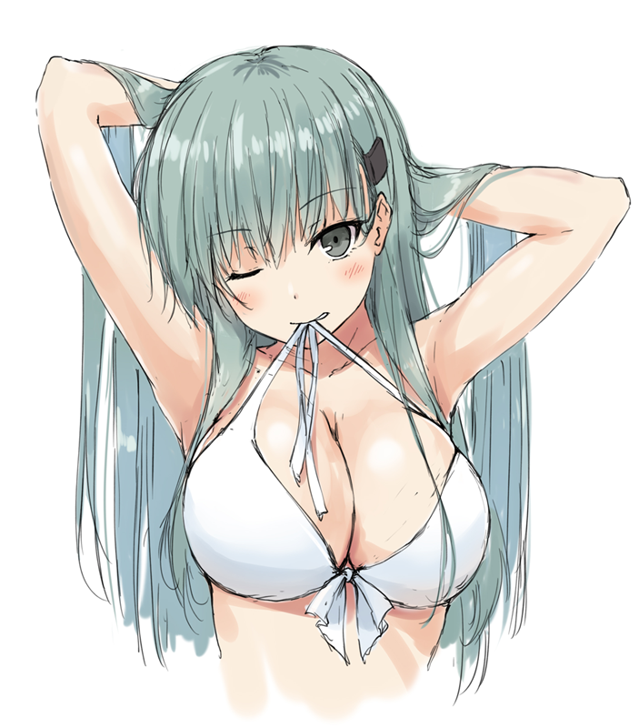 1girl aqua_eyes aqua_hair arm_pit arms_up bikini breasts collarbone front-tie_bikini front-tie_top hair_lift hair_ornament hairclip hands_in_hair kantai_collection large_breasts long_hair looking_at_viewer mouth_hold one_eye_closed simple_background sketch solo suien suzuya_(kantai_collection) swimsuit upper_body white_background white_bikini