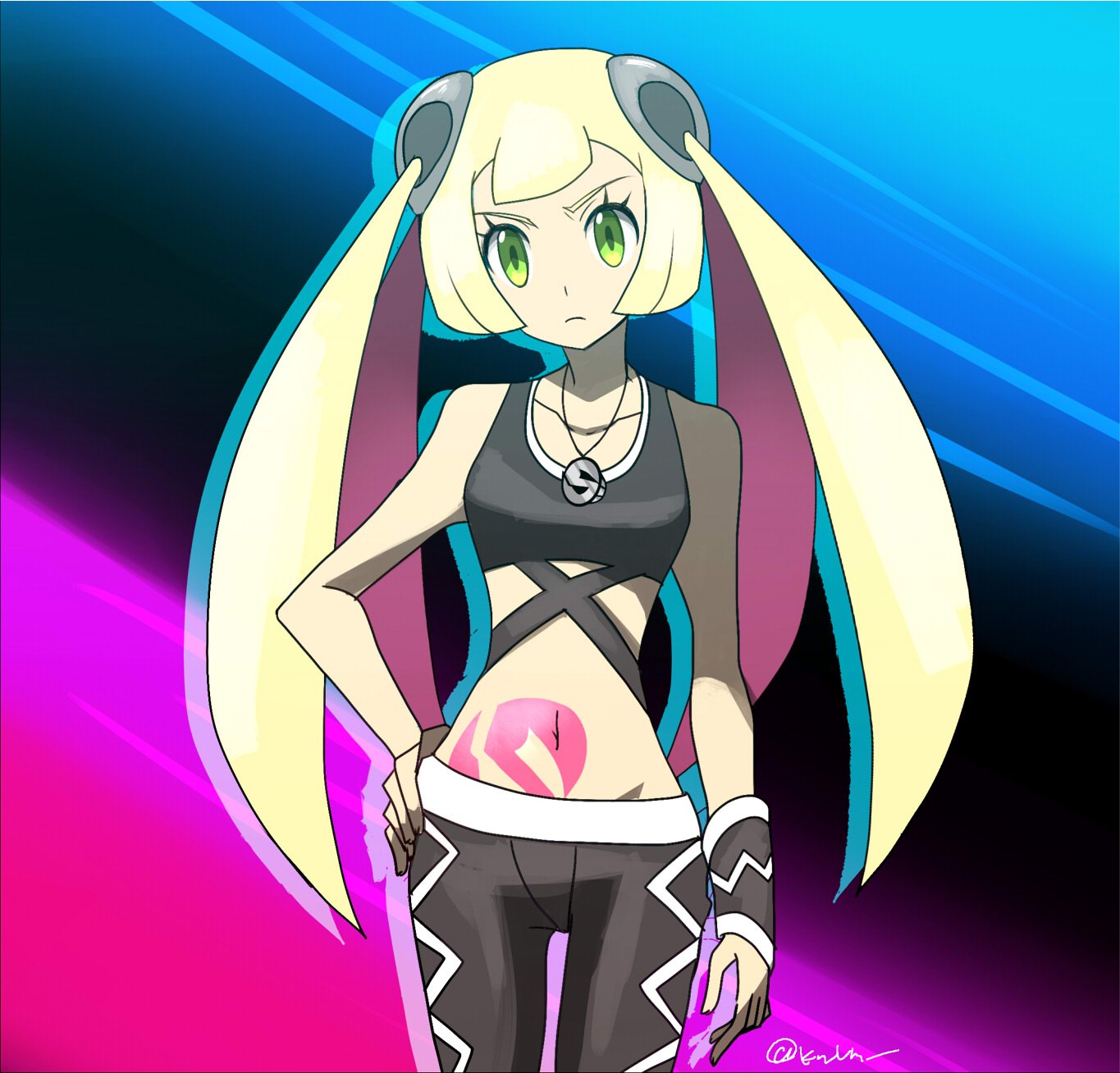 1girl black_pants blonde_hair cosplay green_eyes hand_on_hip highres jewelry kuroi_paseri lillie_(pokemon) long_hair midriff necklace pants plumeri_(pokemon) plumeri_(pokemon)_(cosplay) pokemon pokemon_(game) pokemon_sm skull_necklace sleeveless solo stomach_tattoo tattoo team_skull twintails