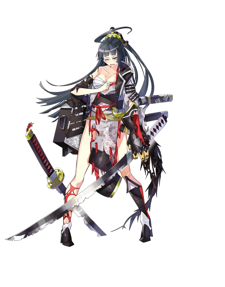 1girl ;q ahoge bare_shoulders black_hair breasts broken broken_sword broken_weapon cleavage full_body hair_ornament katana large_breasts long_hair official_art okayama_(oshiro_project) one_eye_closed oshiro_project oshiro_project_re sarashi smile sword tearing_up tongue tongue_out torn_clothes transparent_background tsurukame very_long_hair violet_eyes weapon