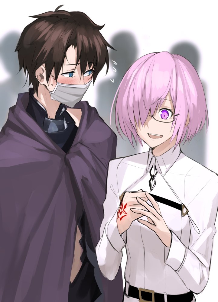 1boy 1girl black_hair blue_eyes blurry blush cloak command_spell cosplay costume_switch crowd depth_of_field embarrassed fate/grand_order fate_(series) flying_sweatdrops fujimaru_ritsuka_(male) fujimaru_ritsuka_(male)_(cosplay) hair_over_one_eye lavender_hair shielder_(fate/grand_order) shielder_(fate/grand_order)_(cosplay) shijiu_(adamhutt) short_hair simple_background smile surgical_mask uniform upper_body violet_eyes white_background