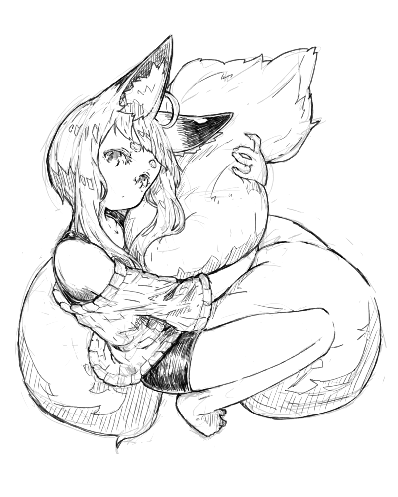 1girl ahoge animal_ears barefoot fox_ears fox_girl fox_tail full_body greyscale head_tilt jaco large_tail looking_at_viewer monochrome off-shoulder_sweater original short_hair short_hair_with_long_locks short_sleeves shorts sidelocks sketch solo squatting sweater tail tail_hug thick_eyebrows white_background