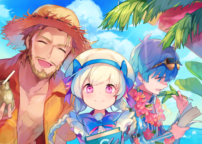 1girl 2boys alternate_costume bare_chest beard blue_eyes blue_hair book braid caster_(fate/extra_ccc) caster_of_red facial_hair fate/apocrypha fate/extra fate/extra_ccc fate/grand_order fate_(series) hat lei long_hair looking_at_viewer multiple_boys nursery_rhyme_(fate/extra) open_clothes open_shirt redhead shirt smile sunglasses sunglasses_on_head twin_braids twintails upper_body writing
