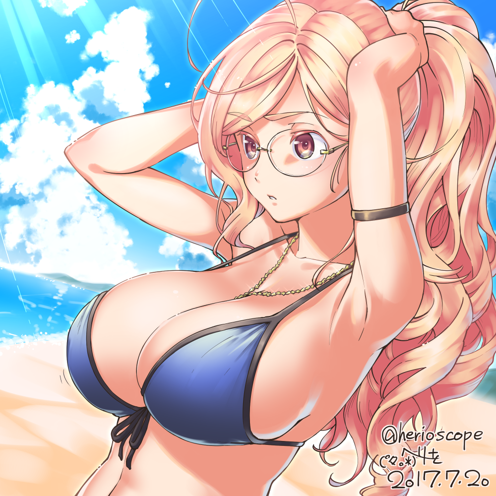 1girl arm_strap armpits beach between_breasts bikini blonde_hair blue_bikini breasts cleavage clouds cloudy_sky dated day front-tie_top glasses heriwo_(haraheridou) jewelry large_breasts necklace original outdoors ponytail red_eyes sand signature sky solo sunlight swimsuit upper_body water wavy_hair