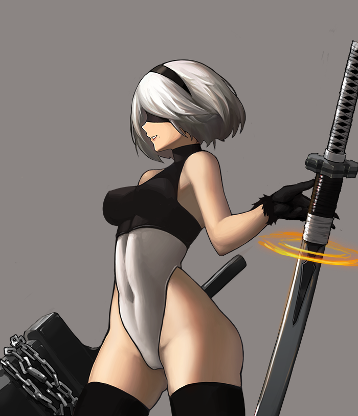 1girl :d arm_at_side bangs bare_shoulders black_gloves blindfold breasts broadsword chains covered_eyes covered_navel cowboy_shot from_side gloves greatsword grey_background grin groin hand_up highleg highleg_leotard holding holding_weapon huge_weapon katana legs_apart leotard medium_breasts mistrie mole mole_under_mouth nier_(series) nier_automata open_mouth pink_lips profile short_hair silver_hair simple_background skin_tight smile solo standing sword teeth turtleneck weapon white_leotard yorha_no._2_type_b