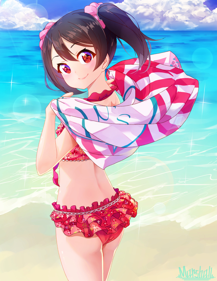 1girl bikini black_hair lens_flare long_hair love_live! love_live!_school_idol_project marshall_(wahooo) ocean red_eyes solo sparkle swimsuit twintails yazawa_nico