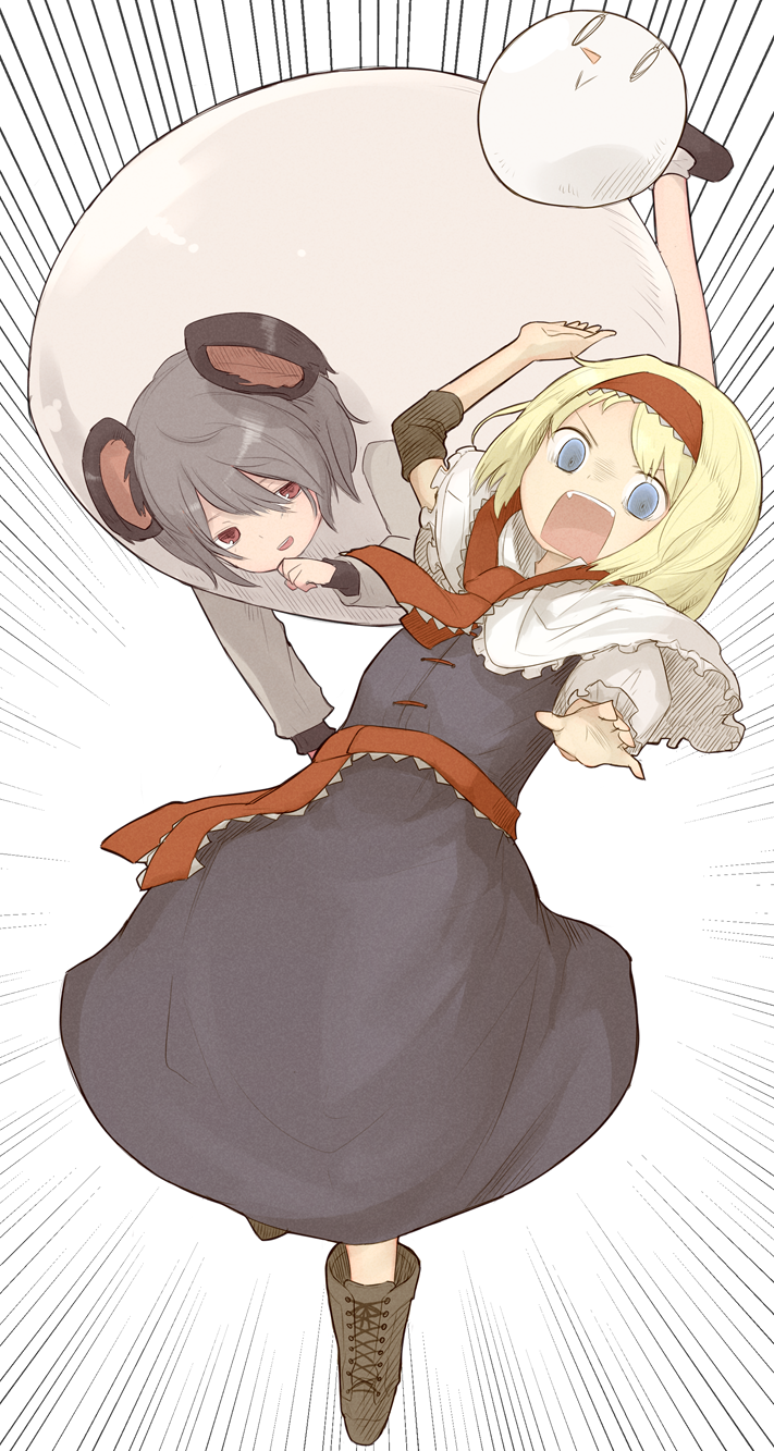 2girls alice_margatroid animal_ears blonde_hair blue_eyes boots brown_boots cookie_(touhou) egg_costume eyebrows_visible_through_hair grey_hair hairband highres ichigo_(cookie) knee_boots looking_at_viewer miyako_(naotsugu) mouse_ears multiple_girls nazrin nyon_(cookie) red_eyes touhou