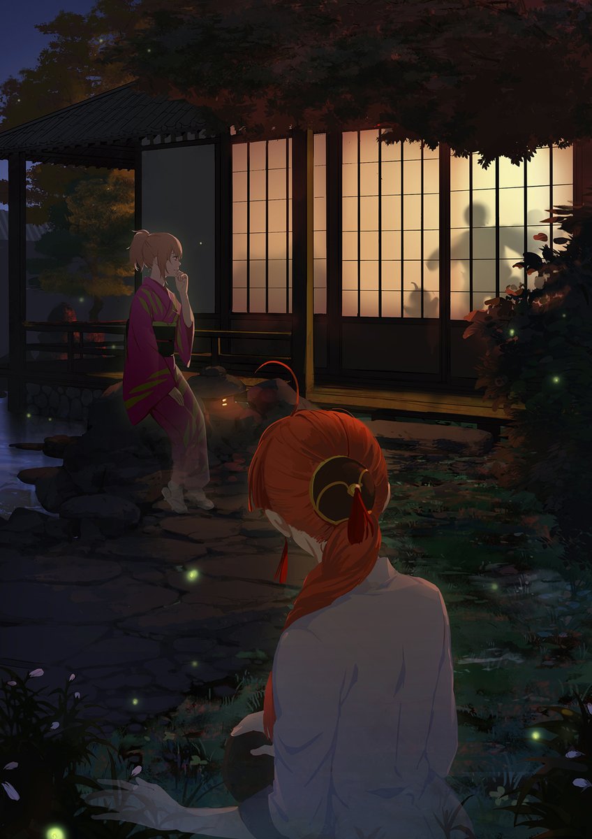 2boys 2girls braid brown_hair bun_cover fireflies ghost gintama highres if_they_mated japanese_clothes kouka_(gintama) loli_bushi long_hair multiple_boys multiple_girls night okita_mitsuba okita_sougo redhead transparent