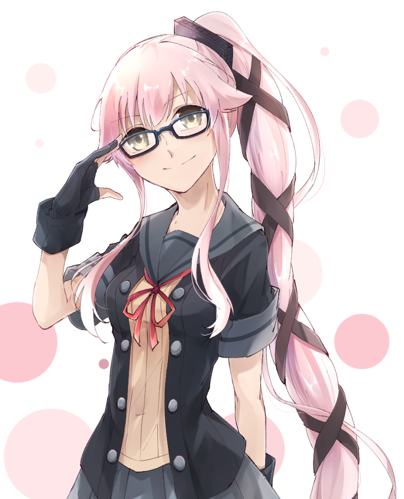 1girl adjusting_glasses artist_request bespectacled black-framed_eyewear buttons closed_mouth eyebrows_visible_through_hair glasses gloves hair_between_eyes hair_flaps hair_ornament hair_ribbon kantai_collection long_hair looking_at_viewer neck_ribbon partly_fingerless_gloves pink_hair pleated_skirt ponytail red_ribbon remodel_(kantai_collection) ribbon sailor_collar school_uniform short_sleeves skirt smile solo upper_body very_long_hair yellow_eyes yura_(kantai_collection)