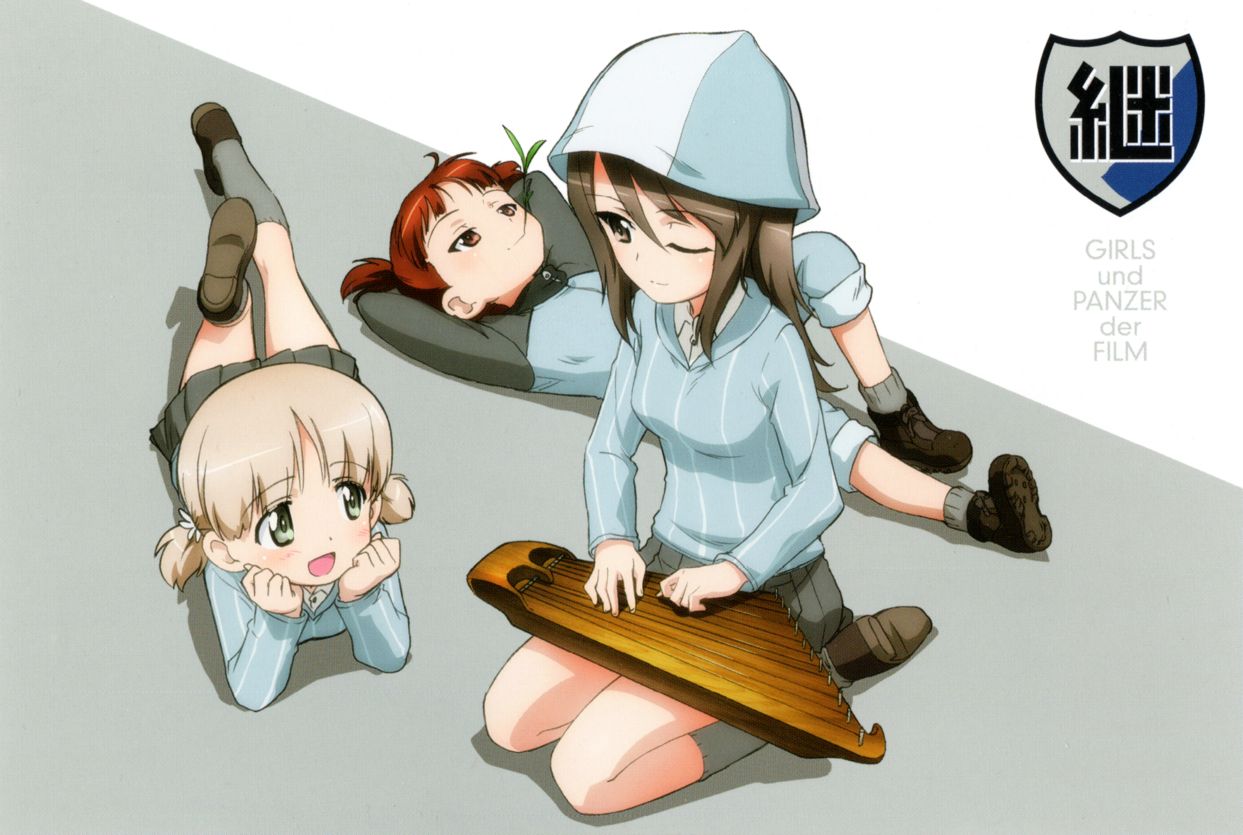 3girls aki_(girls_und_panzer) ankle_boots arms_behind_back artist_request bangs blue_boots blue_hat blue_jacket blue_shirt blue_shoes blue_skirt blunt_bangs boots brown_eyes brown_hair chin_rest closed_mouth copyright_name dress_shirt emblem english eyebrows_visible_through_hair girls_und_panzer green_eyes grey_legwear grey_skirt hair_tie hat holding holding_instrument instrument jacket kantele keizoku_(emblem) keizoku_military_uniform keizoku_school_uniform light_brown_hair light_smile loafers long_hair long_sleeves looking_at_another lying mika_(girls_und_panzer) mikko_(girls_und_panzer) military military_uniform miniskirt mouth_hold multiple_girls music official_art on_back on_stomach one_eye_closed open_mouth pants playing_instrument pleated_skirt raglan_sleeves red_eyes redhead school_uniform seiza shirt shoes short_hair short_twintails sitting skirt smile socks striped striped_shirt track_jacket track_pants twintails two-tone_background uniform vertical-striped_shirt vertical_stripes white_shirt