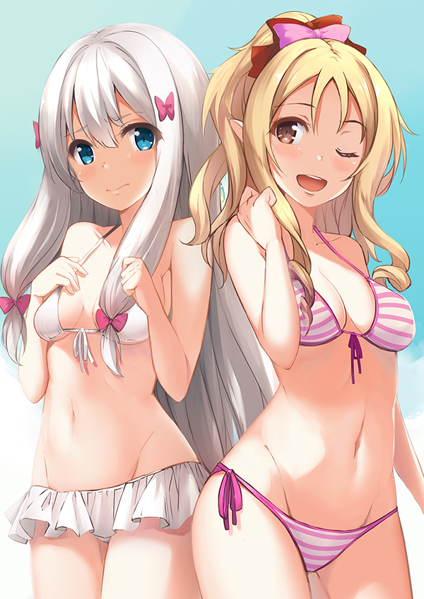 2girls 3: :d arm_at_side bangs bare_arms bare_shoulders bikini bikini_skirt blue_eyes blue_sky blush bow breasts breasts_apart brown_eyes cleavage closed_mouth collarbone commentary_request cowboy_shot day drill_hair eromanga_sensei eyebrows_visible_through_hair front-tie_bikini front-tie_top groin hair_between_eyes hair_bow hair_ornament hand_on_own_chest hand_up hands_up izumi_sagiri legs_apart legs_together medium_breasts midriff multiple_girls navel open_mouth outdoors pink_bow pink_hair pointy_ears ponytail red_bow rods round_teeth side-tie_bikini sidelocks silver_hair sky small_breasts smile standing stomach striped striped_bikini swimsuit teeth twin_drills upper_teeth white_bikini yamada_elf