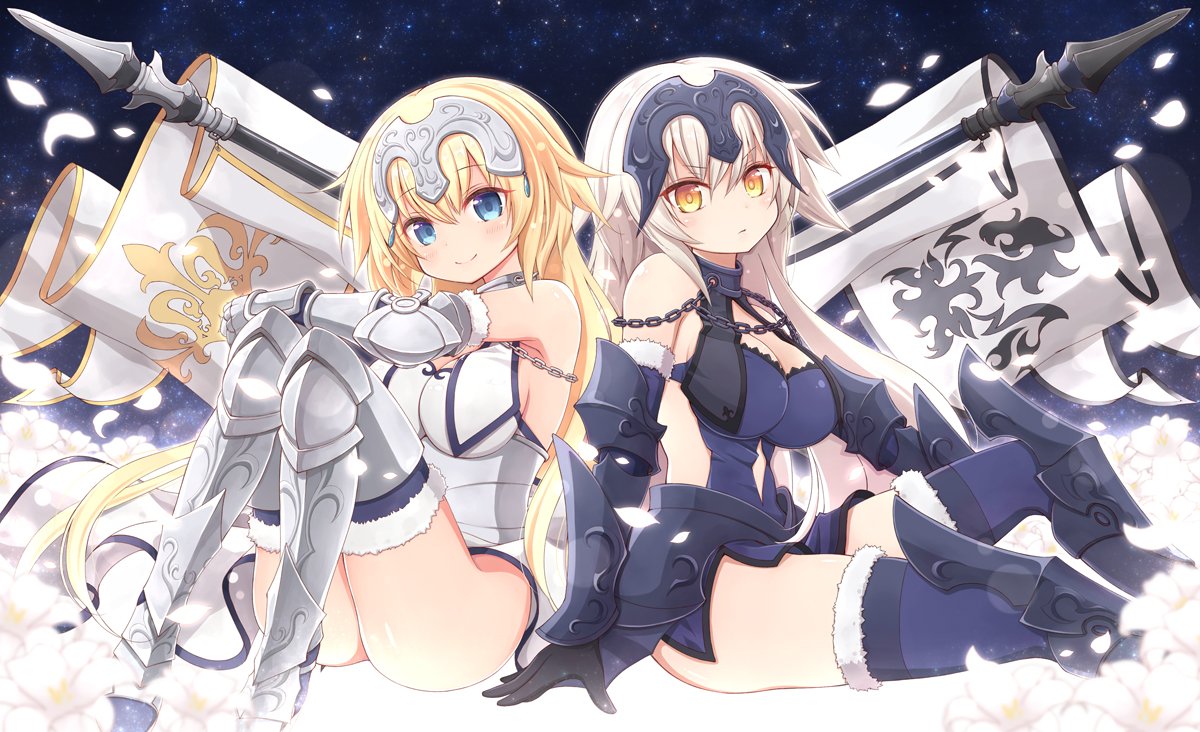 2girls angeltype armor armored_dress armpits ass back-to-back blonde_hair blue_dress blue_eyes blue_legwear breasts brown_eyes brown_hair chains cleavage dress elbow_gloves fate/apocrypha fate/grand_order fate_(series) faulds flag flower fur_trim gauntlets gloves headpiece jeanne_alter legs_up long_hair multiple_girls petals ruler_(fate/apocrypha) sitting smile thigh-highs very_long_hair white_dress zettai_ryouiki
