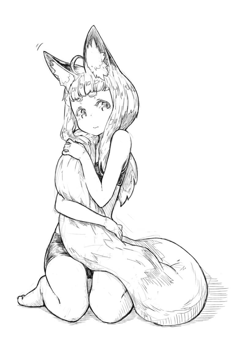 1girl ahoge animal_ears bangs barefoot blunt_bangs fox_ears fox_girl fox_tail greyscale jaco kneeling long_hair looking_at_viewer monochrome motion_lines original shorts sketch solo tail tail_hug thick_eyebrows white_background
