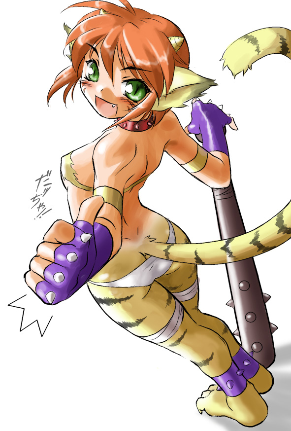 1girl animal_ears blush breasts breath_of_fire breath_of_fire_ii bustier cat_ears cat_tail dr.p facial_mark furry gloves green_eyes no_panties no_pants orange_hair pointy_ears redhead rinpoo_chuan short_hair solo staff tail