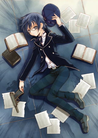 androgynous book cabbie_hat glasses gun hat hat_removed headwear_removed hijiri_ruka lowres lying persona persona_4 reverse_trap shirogane_naoto solo weapon