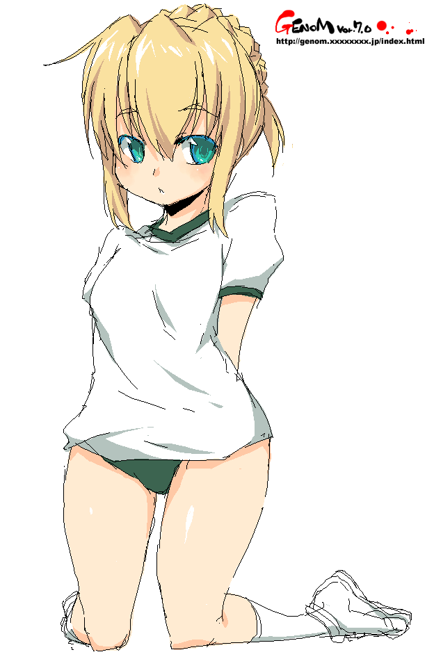 blonde_hair braid gym_uniform kneeling oekaki onija_taro onija_tarou socks t-shirt