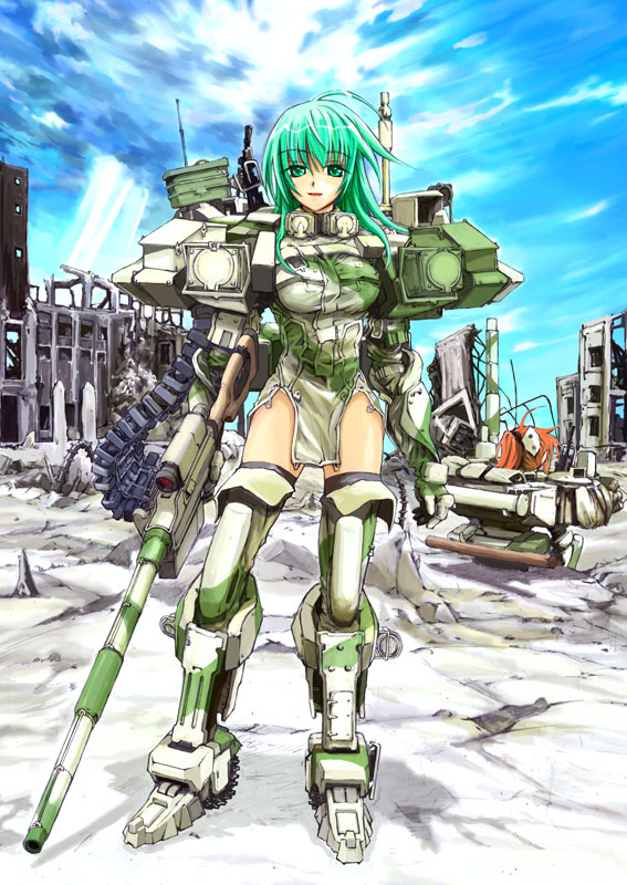 breasts camouflage funeral_(artist) green_eyes green_hair gun mecha_musume military military_vehicle ruins sumisi sunbeam sunlight t-90 tank thigh-highs thighhighs vehicle weapon