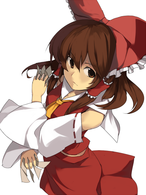 1girl bow brown_eyes brown_hair detached_sleeves hair_bow hair_tubes hakurei_reimu japanese_clothes kitsune_(kazenouta) long_hair midriff miko ofuda ribbon skirt touhou