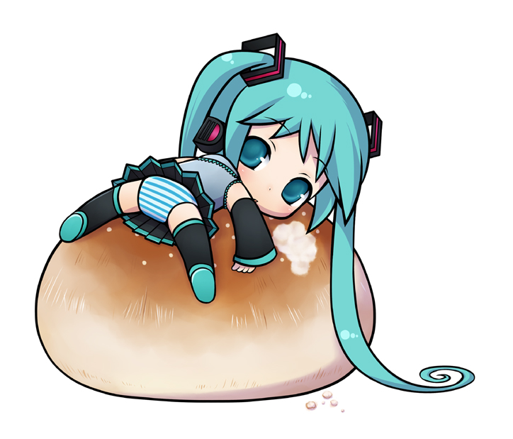 aqua_hair bad_id bread bun chibi chitose_kiiro detached_sleeves eating food hatsune_miku long_hair nikuman panties sigh skirt striped striped_panties thigh-highs thighhighs twintails underwear upskirt very_long_hair vocaloid