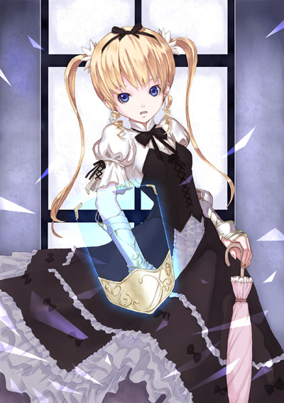 blonde_hair blue_eyes bow dress frills gauntlets gothic_lolita hair_bow hair_ribbon hairband kiran lolita_fashion ribbon shield slip_skirt solo twintails umbrella victorian