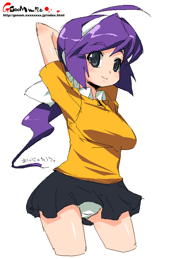 arms_up bow grey_eyes hair_bow oekaki onija_taro onija_tarou panties pantyshot purple_hair skirt underwear