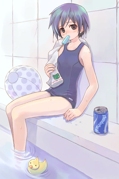 beachball blue_hair can feet_in_water kuga_tsukasa mouth_hold one-piece_swimsuit original pool popsicle rubber_duck school_swimsuit short_hair sitting soaking_feet soda_can swimsuit towel water
