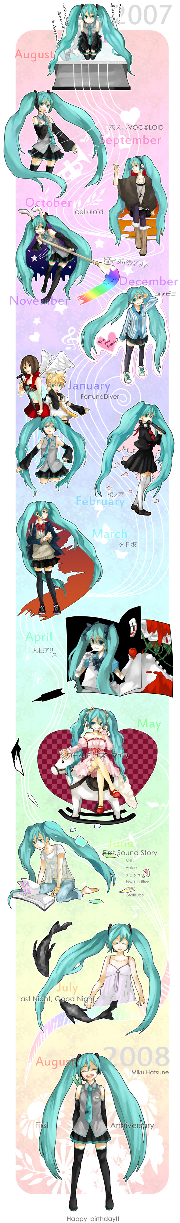 angel_wings animal_ears anniversary arms_behind arms_behind_back blue_eyes blue_hair boots bunny_ears calendar casual celluloid_(vocaloid) detached_sleeves dress eyedrops graduation happy hatsune_miku headphones headphones_around_neck highres hitobashira_alice_(vocaloid) jeans kagamine_rin last_night_good_night_(vocaloid) long_hair long_image meiko miracle_paint_(vocaloid) painting pantyhose rabbit_ears school_uniform skirt spring_onion tall_image tama_(songe) tears thigh-highs thighhighs timeline twintails very_long_hair vocaloid voice_(first_sound_story)_(vocaloid) wings world_is_mine_(vocaloid)