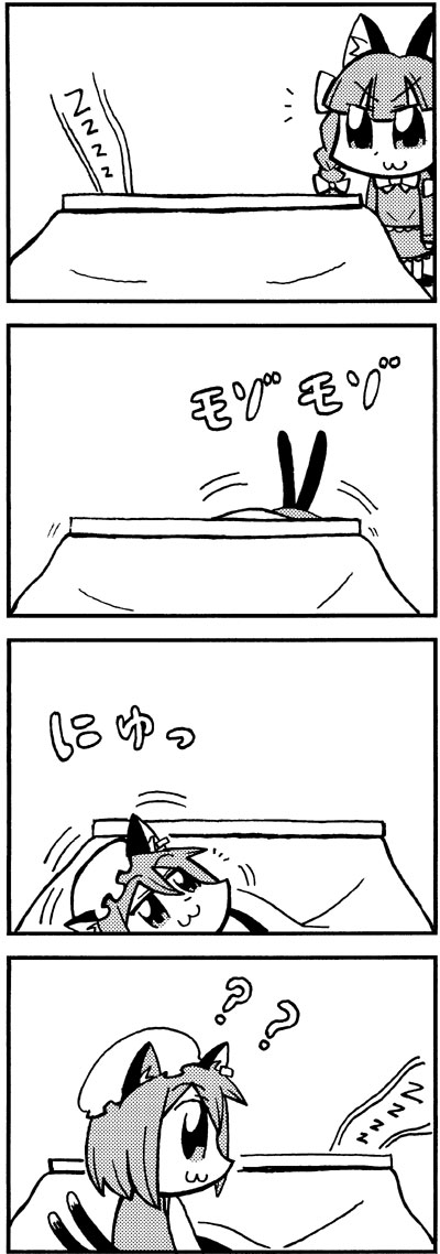 bkub chen comic kaenbyou_rin kotatsu monochrome silent_comic sleeping table touhou