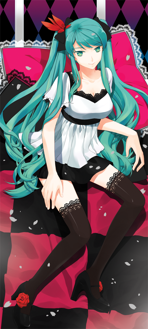 aqua_hair checkered green_eyes hatsune_miku lace lace-trimmed_thighhighs long_hair pillow solo thigh-highs thighhighs twintails very_long_hair vocaloid world_is_mine_(vocaloid) yaho