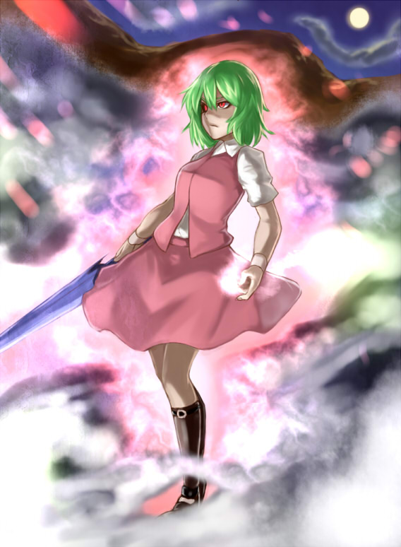 frown glowing green_hair houtengeki kazami_yuuka moon parasol red_eyes shaded_face short_hair skirt skirt_set standing touhou umbrella vest vocaloid