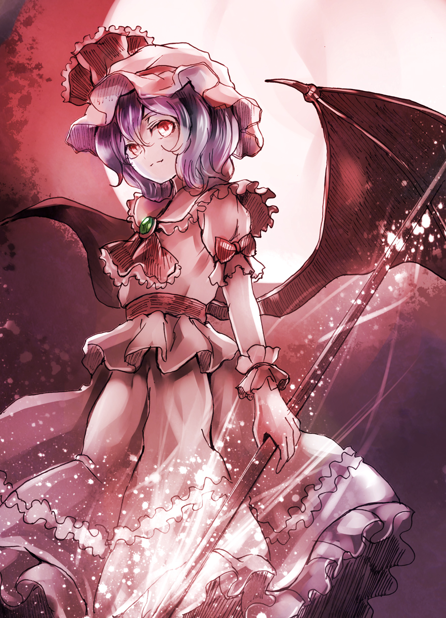 1girl ascot bat_wings brooch dress full_moon gungnir_(weapon) hat hat_ribbon highres jan_(lightdragoon) jewelry lavender_hair looking_at_viewer mob_cap moon puffy_short_sleeves puffy_sleeves red_eyes remilia_scarlet ribbon sash short_sleeves smile solo touhou white_dress wings wrist_cuffs