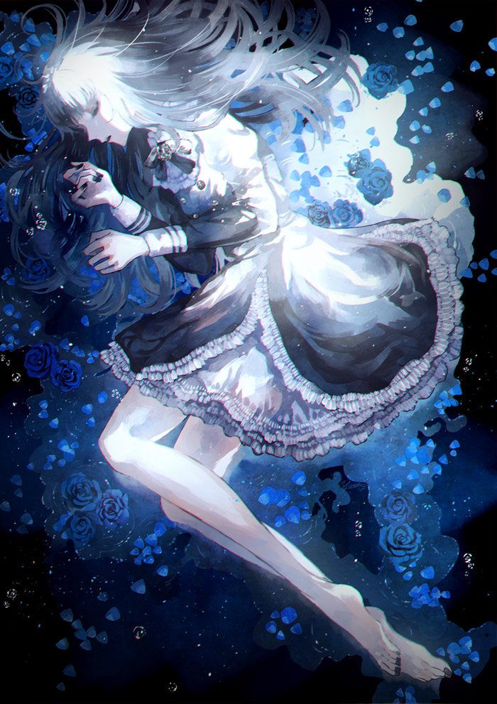 1girl bangs bent_knee black_dress black_nails blue_rose closed_eyes dress fingernails flower long_fingernails long_sleeves lying nail_polish on_side original parted_lips rose silver_hair white_legwear yumeno_yume