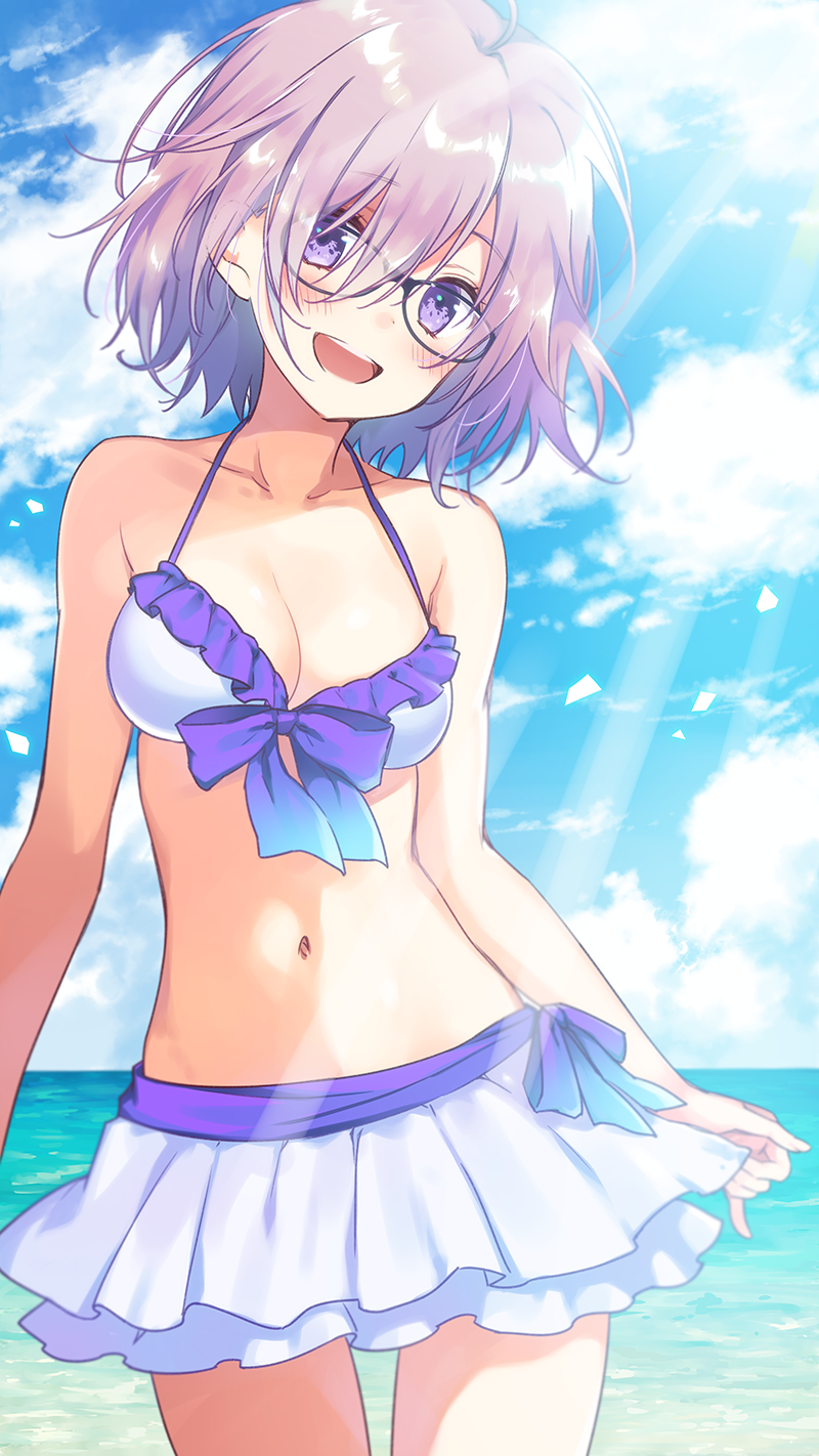 1girl bikini fate/grand_order fate_(series) glasses hair_over_one_eye highres open_mouth purple_hair shielder_(fate/grand_order) short_hair skirt smile swimsuit violet_eyes wogura