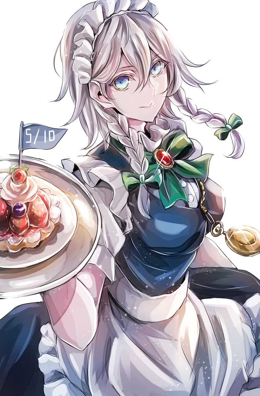 1girl apron blue_dress blue_eyes bow bowtie braid breasts brooch cake closed_mouth commentary_request cowboy_shot dress food green_bow green_bowtie hair_between_eyes hair_bow highres holding holding_tray izayoi_sakuya jan_(lightdragoon) jewelry looking_at_viewer maid maid_headdress medium_breasts mini_flag pocket_watch puffy_short_sleeves puffy_sleeves short_sleeves silver_hair smile solo touhou tray twin_braids waist_apron watch